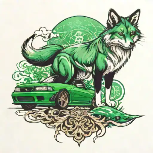 a kitsune and a nissan r33 with the word "Jade" tattoo design idea