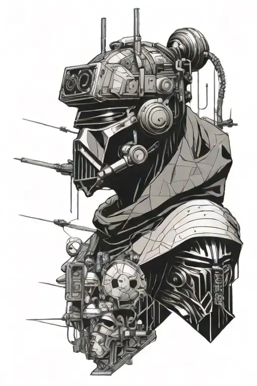 A hacker navigating through a virtual reality world filled with Star Wars characters in the style of blackwork tattoo design idea