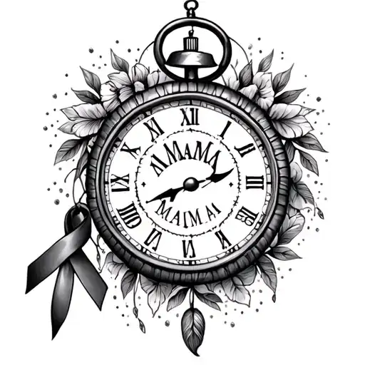 "MAMA 123" dream catcher stop watch with a cancer awareness ribbon tattoo design idea