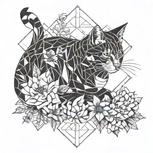 cat and flowers surrounding tattoo design idea