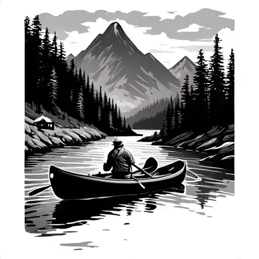 canoe paddling up river mountain scene  tattoo design idea