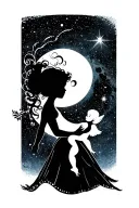 waxing gibbous moon with one tiny cherub baby girl silhouette in the galaxy tattoo design idea