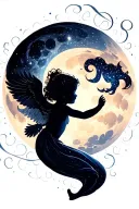 waxing gibbous moon with one tiny cherub baby girl silhouette in the galaxy tattoo design idea