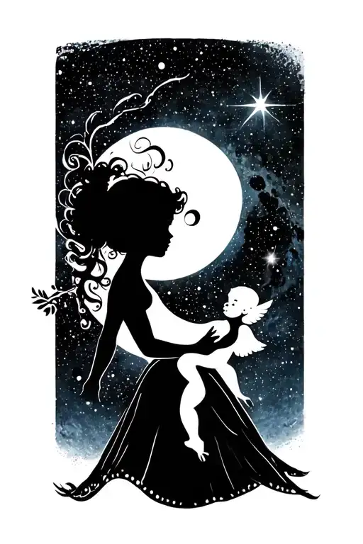 waxing gibbous moon with one tiny cherub baby girl silhouette in the galaxy tattoo design idea