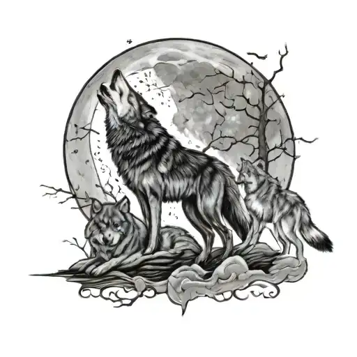 A family of wolves howling at the moon in a mystical night sky tattoo design idea