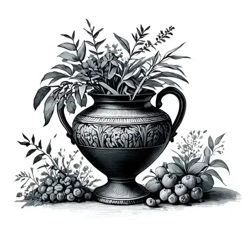 ancient greek amphora filled with plants. fineline tattoo design idea