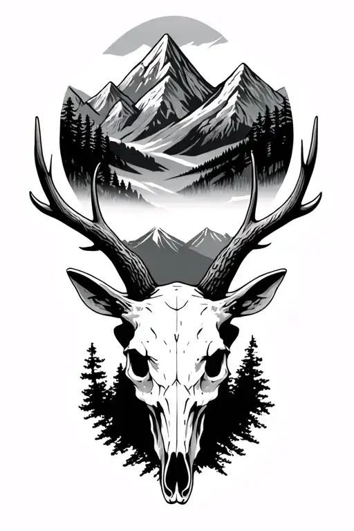 hawk eye elk skull with mountains tattoo design idea