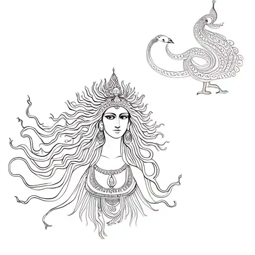 A tattoo of Medusa but she's an indian goddess, the snakes on her head are peacocks, and she has 6 arms tattoo design idea