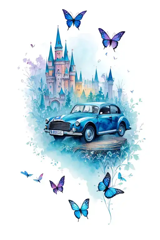 landscape of an enchanted kingdom containing fairies, butterflies and a blue escort car in the middle tattoo design idea