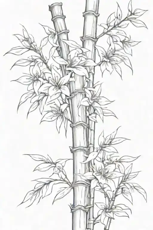 two vertical stalks of bamboo with a vibe wrapped around them and on the vine are honey-suckle flowers  tattoo design idea