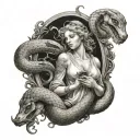 angel crushing a snake. make the angels face hidden tattoo design idea