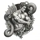 angel crushing a snake. make the angels face hidden tattoo design idea