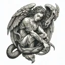 angel crushing a snake. make the angels face hidden tattoo design idea