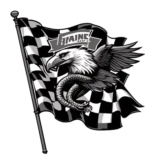 checkered flag with alpine stars logo on it and fox racing logo and add a amarican traditional eagle with snake and cros tattoo design idea