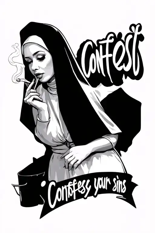 "Confess your sins" sexy nun smoking tattoo design idea