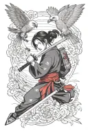 japanese girl with katana surrounded by falcon spreading wings and a boy below tattoo design idea