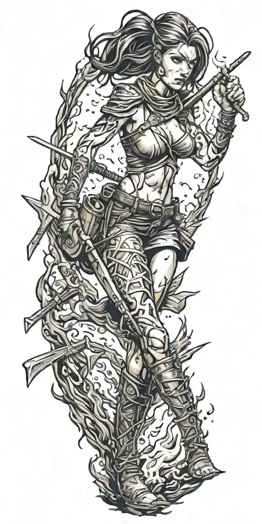 girl warrior around her fire  tattoo design idea