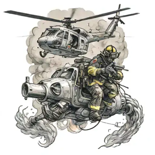 An intense scene of a firefighter in action, battling flames with a military helicopter hovering above tattoo design idea