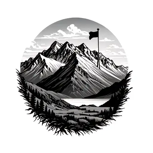 mountain range with golf flag intertwined tattoo design idea