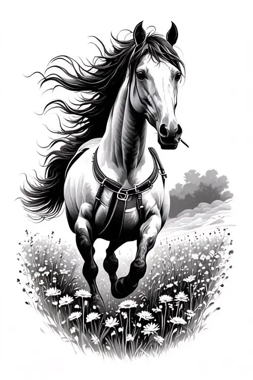 A majestic horse running through a field of wildflowers with spurs hanging from its saddle tattoo design idea