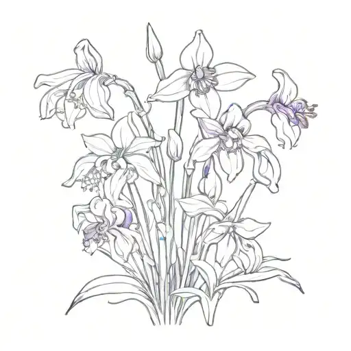 snowdrop, violet, iris, daffodil and daisy flower tattoo design idea