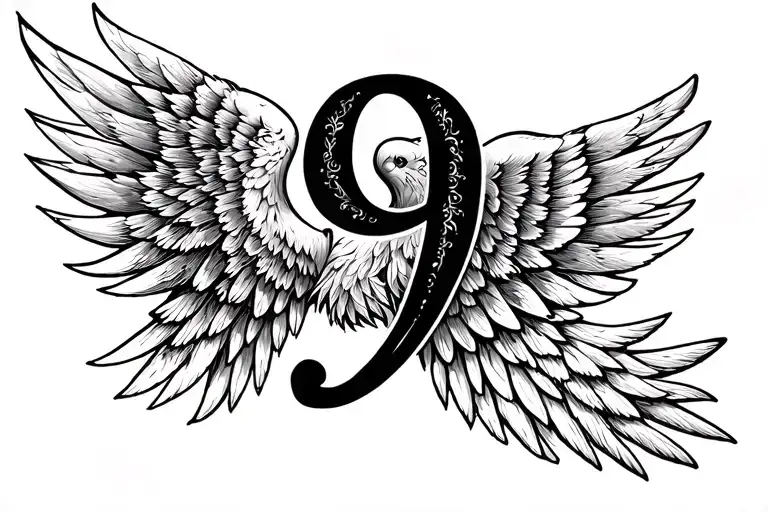 number 9 and wings spread wings tattoo design idea