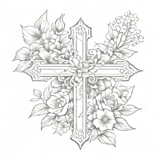 A cross with the words "by his grace" and with the birth flowers of December, May, November, July, April tattoo design idea