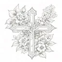 A cross with the words "by his grace" and with the birth flowers of December, May, November, July, April tattoo design idea