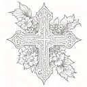 A cross with the words "by his grace" and with the birth flowers of December, May, November, July, April tattoo design idea