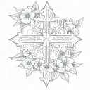A cross with the words "by his grace" and with the birth flowers of December, May, November, July, April tattoo design idea