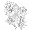 A cross with the words "by his grace" and with the birth flowers of December, May, November, July, April tattoo design idea