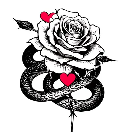 rose wrapped on a snake with hearts and thorns tattoo design idea