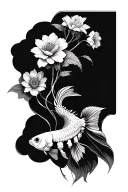 bones with flowers and a betta fish tattoo design idea