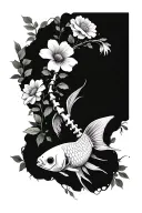 bones with flowers and a betta fish tattoo design idea