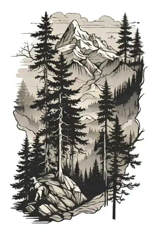 hiking in forest with mountains and trees tattoo design idea