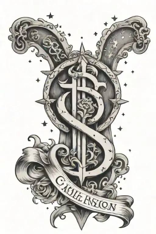 A tattoo design of a dollar sign intertwined with a Bible verse, surrounded by stars to symbolize your occupation as an investor and your faith in God tattoo design idea