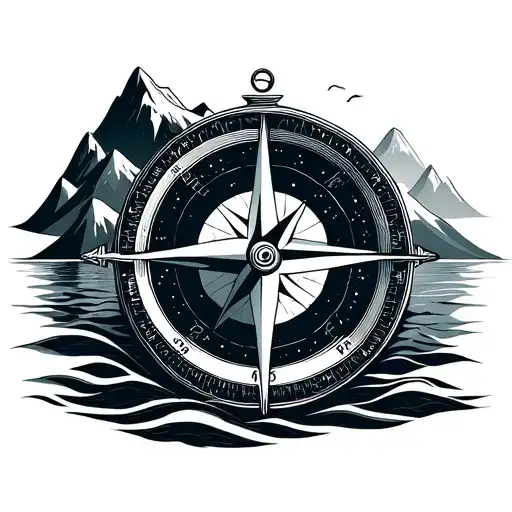 minimal compass with oceans and mountains tattoo design idea