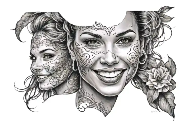 butiful girl half good half evill smile tattoo design idea