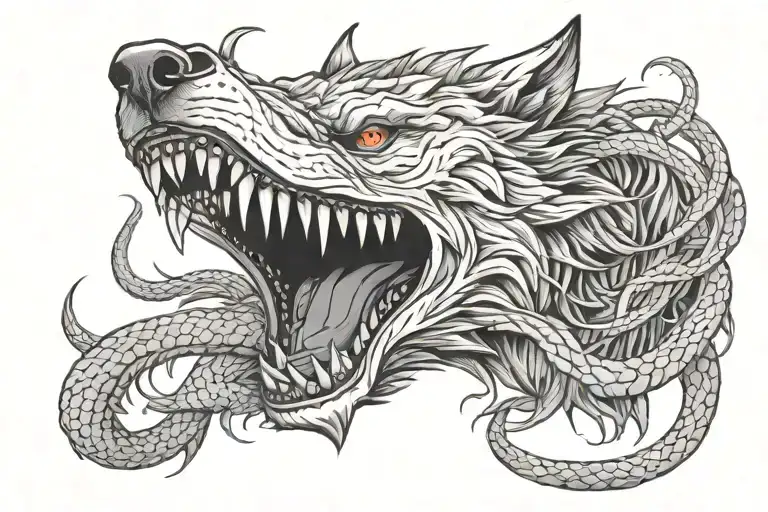 An arched, snarling wolf with exaggerated, almost surrealistic features, Beneath it, two intertwined snakes, fangs open tattoo design idea