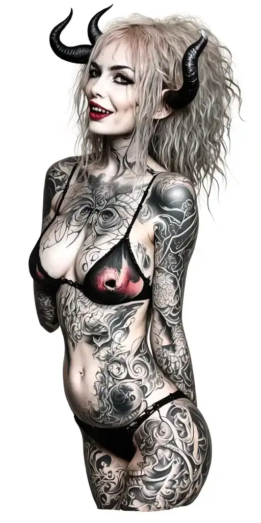 Sexy Pale Girl, petite, big boobs, wide hips, G-String. Messy hair, demonic horns, sexual. Seductive smile. Full Body tattoo design idea