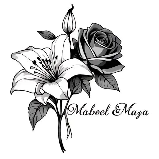 lily flower and rose flower with names "Mabel & Maya" tattoo design idea