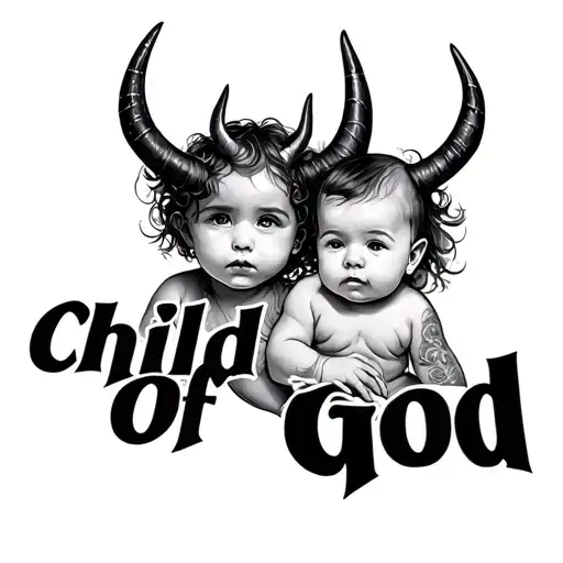 the words child of god and a baby with devil horns and jusse neck tatto tattoo design idea