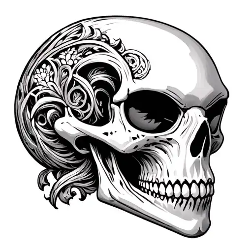 alien skull with intricate carvings in skull tattoo design idea