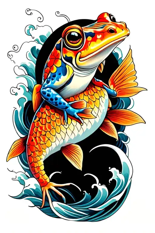 colorful toad riding a fish, black and white waves in background tattoo design idea
