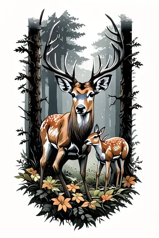 Deer In Woods protecting young deer tattoo design idea