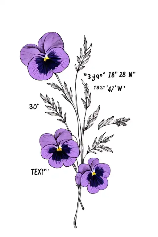 "39° 18' 28" N. 123° 47' 54" W" "39° 18' 28" N. 123° 47' 54" W" snapdragon flowers with pansy flower accents  tattoo design idea