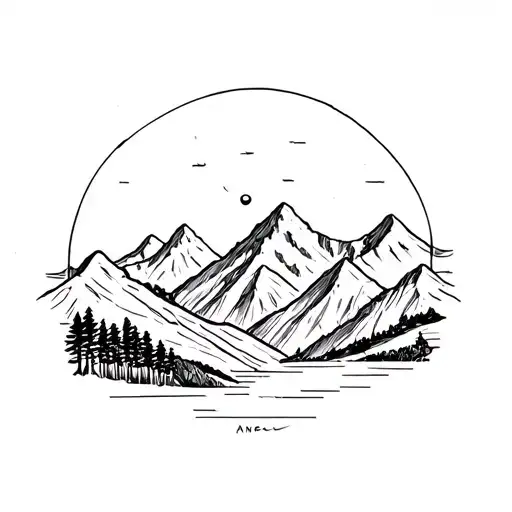 I want a minimalist fine-line tattoo featuring aesthetic mountains to represent my hometown, Annecy, France. tattoo design idea