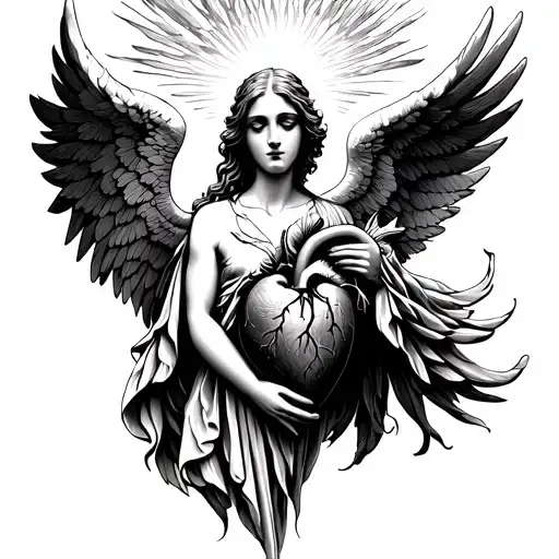 angel taking half of heart to heaven gates tattoo design idea