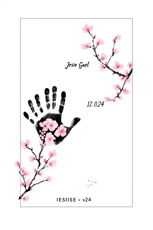 "Jessie Gael 12.06.24 " black and white baby hand print with a few pink cherry blossom branch tattoo design idea