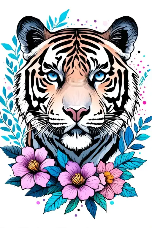 realistic neutral tiger face with flowers surrounding, leaves, dots and lines in blue, violet, pink colour tattoo design idea